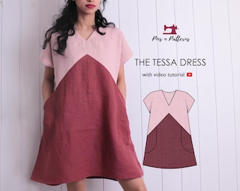 Color Block A-Line Tunic Dress Digital Sewing Pattern : Beginner Friendly. US 0-26/UK 4-30