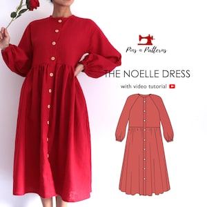 May include: A vibrant red midi dress with long sleeves and a button-down front. The dress has a round neckline and a gathered waist. The image also includes a pattern illustration and the text "THE NOELLE DRESS with video tutorial".