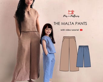 Mommy and Me Easy Linen Pants Sewing Pattern, Beginner  (PDF, US 0-26 & Kids 1-8yrs)