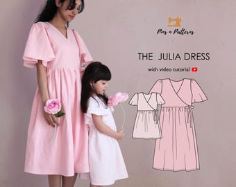 Mommy and Me Wrap Dress Sewing Pattern, Beginner Bell Sleeve (PDF, US 0-26 & Kids 1-8yrs