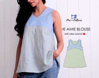 Easy Color Block Sleeveless Blouse Digital Sewing Pattern (US 0-26/UK 4-30)