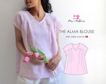 Sewing Pattern PDF Easy Summer Blouse  / Sizes US 0-26, UK 4-30 (Beginner sewing)