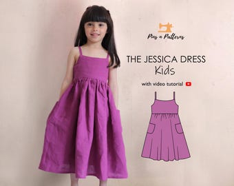 Sewing Pattern PDF Kids Gathered Waist Dress  / Sizes ages 1-8 yrs  (Beginner sewing)