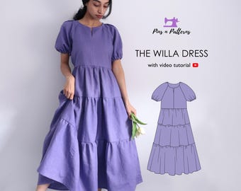 Tiered Dress Sewing Pattern PDF: Raglan Sleeve, Beginner Sewing (US 0-26/ UK 4-30)