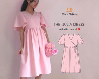 Romantic Wrap Dress Sewing Pattern PDF with Bell Sleeves (US 0-26, UK 4-30)