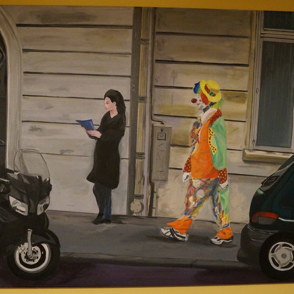 Acrylic painting in the street "meeting of a clown and a reader" (tableau peinture acrylique dans la rue clown et lectrice)