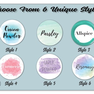 30 Watercolor Style Spice Lid Labels • 30 Labels Included• 6 Unique Styles • White Waterproof Label • 1.5&quot; Round Spice Lids