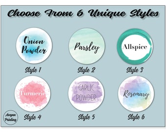 30 Watercolor Style Spice Lid Labels • 30 Labels Included• 6 Unique Styles • White Waterproof Label • 1.5" Round Spice Lids