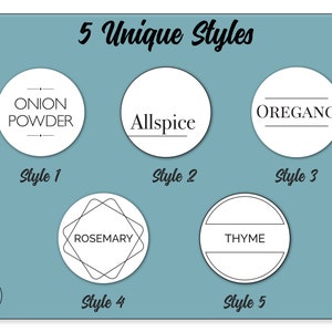30 Modern Style Spice Lid Labels • 30 Labels Included• 5 Unique Styles • White Waterproof • 1.5&quot; Round Spice Lids