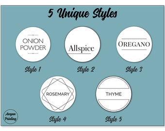 30 Modern Style Spice Lid Labels • 30 Labels Included• 5 Unique Styles • White Waterproof • 1.5" Round Spice Lids