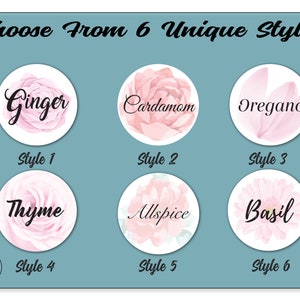 30 Floral Style Spice Lid Labels • 30 Labels Included• 6 Unique Styles • White Waterproof • 1.5&quot; Round Spice Lids