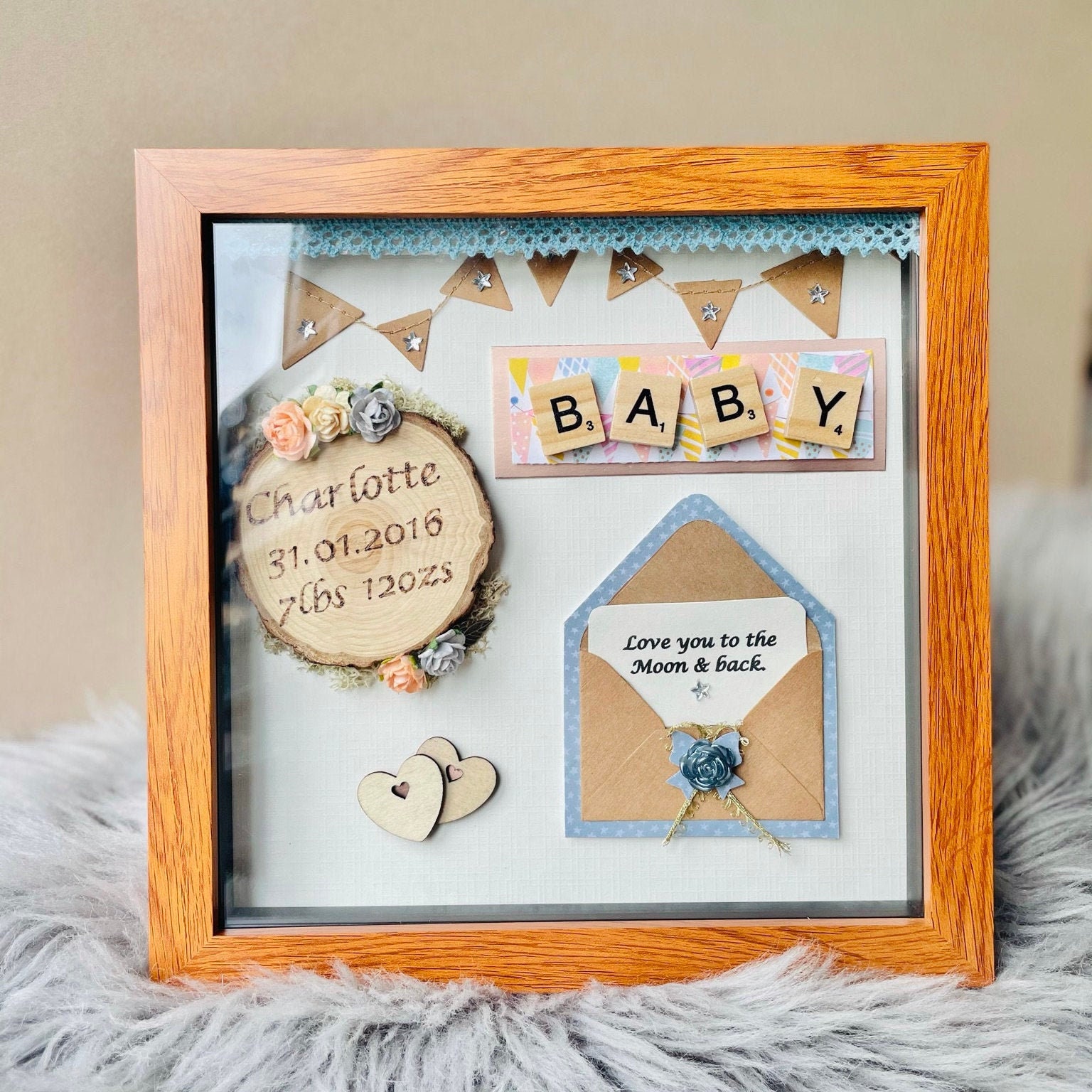 New Baby Girl Gift, Personalised Baby Boy Box Frame, New Arrival, Engraved Wood Slice, Baby Blue