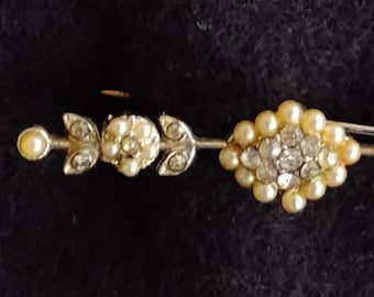 Antique Brooch Pearl and Clear Stone