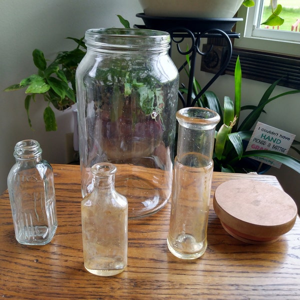 Glass Jar Set of 4 - Hires Root Beer Extract - Medicine Bottle - Apothecary Beaker Vase - Canister with Wooden Lid