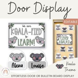 Op de afbeelding: Een klasdeurdisplay met een koala-thema. De display bevat een bord met de tekst "We are KOALA-FIED to LEARN!" en koala-naamlabels. De display bevat ook een bord met de tekst "We are CLEVER KOALAS!"