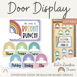 Retro Rainbow Door Display, Printable Vintage Welcome Door Sign + Name Labels, Editable Back to School Bulletin Board Classroom Decor Set