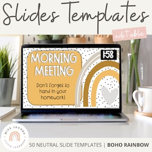 Boho Rainbow Daily Morning Teacher Slides with Timers, Editable Neutral Google Slides & PowerPoint Templates, Classroom Agenda Slides