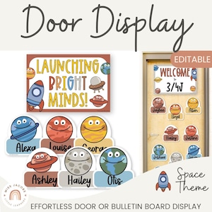 Galaxy Space Door Display for Classroom, Editable Welcome Door Signs and Name Labels, Printable Door Decor Set or Bulletin Board Kit