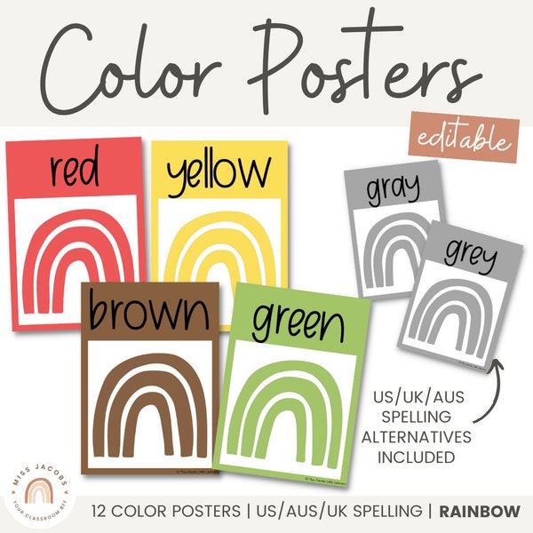 Modern Rainbow Color Posters | Boho Classroom Decor | Editable