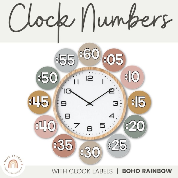 BOHO RAINBOW Clock Numbers | Neutral Rainbow Classroom Decor