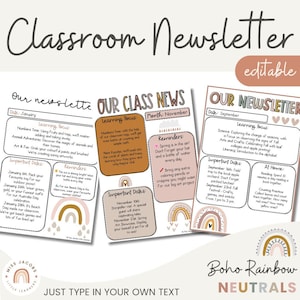 Classroom Newsletter Templates | Editable | Boho Rainbow Classroom Theme | Vintage Decor