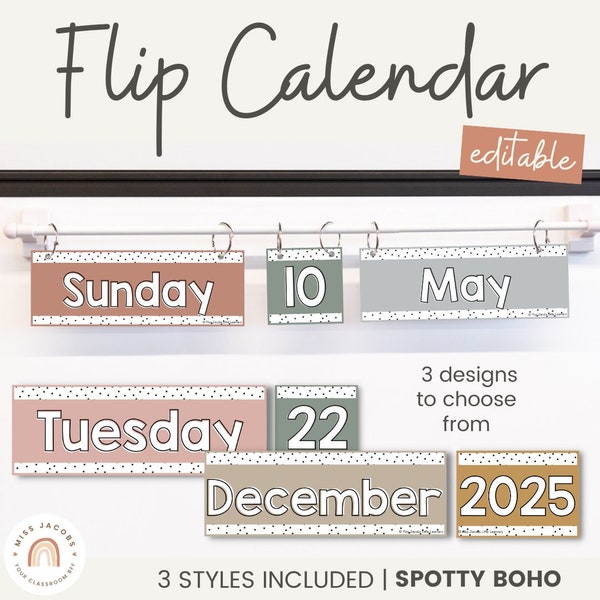 Flip Calendar | Spotty Boho Classroom Decor | Neutral Rainbow Themed | Editable