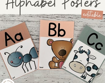Pósteres del alfabeto BOHO ARCOÍRIS / Editables / Arcoíris neutro / Decoración vintage / Retro para el aula