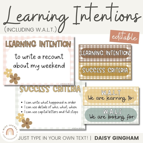 Learning Intentions & Success Criteria Posters | WALT and WALF | Daisy Gingham Neutrals