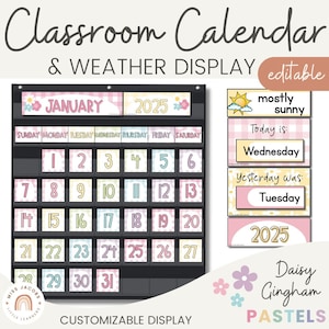 Classroom Calendar & Weather Pocket Chart Display | Daisy Gingham Pastels Classroom Decor