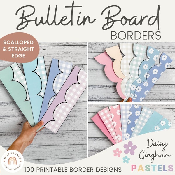 Bulletin Board Borders | Daisy Gingham Pastels Classroom Decor | Printable Scalloped & Straight Edge Borders