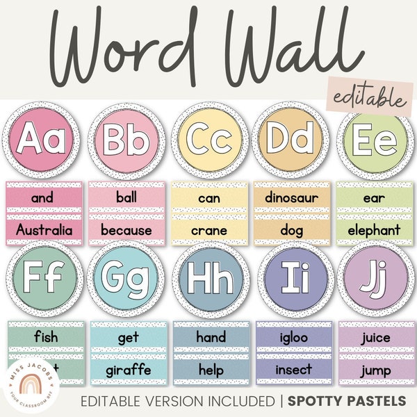 Alphabet Word Wall | SPOTTY PASTELS Classroom Decor | Editable