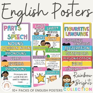 English Classroom Posters BUNDLE, Set of 10 Reading and Writing ELA Posters Classroom Decor, Rainbow Brights Elementary Educational Posters