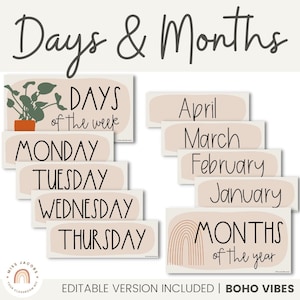BOHO VIBES Dagen en maanden Flashcards | Woestijn neutraal klaslokaal decor