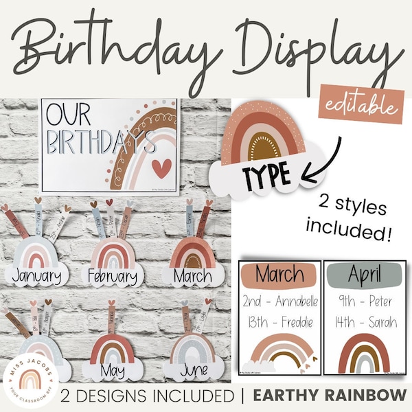 Earthy Boho Rainbow Birthday Display | Editable Neutral Classroom Decor