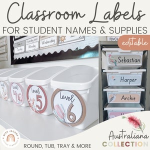 AUSTRALIANA Classroom Supply and Student Name Labels | Editable