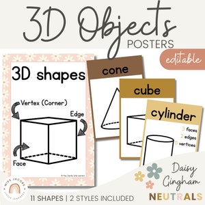3D Shape Posters | Daisy Gingham Neutral Math Classroom Decor | 3D Objects
