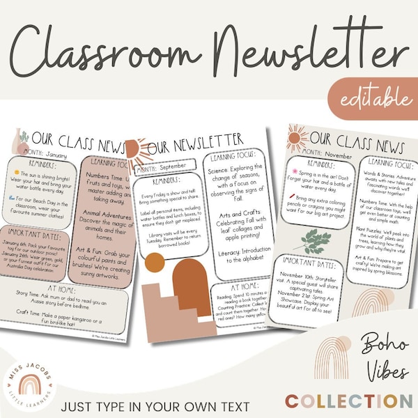 Classroom Newsletter Templates | Editable | Boho Vibes Classroom Theme | Desert Neutral Vintage Decor