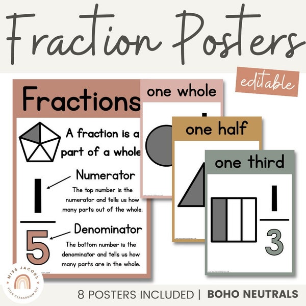 NEUTRAL Fractions Posters | Boho Neutral Color Palette | Neutral Classroom Decor
