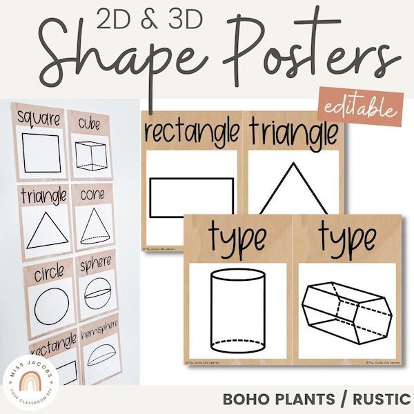 Modern Boho Rustic 2D & 3D Shape Posters | Neutral Classroom Decor | Editable