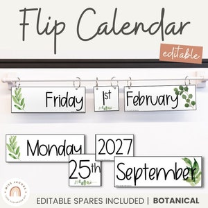Kalender omdraaien | Botanisch modern boerderijthema klasdecor | Bewerkbaar