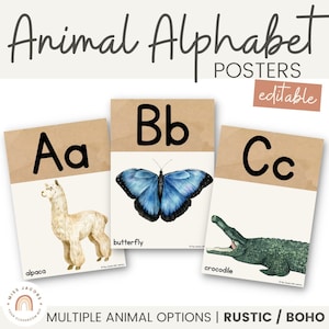 Pósteres de alfabetos bohemios modernos y rústicos con imágenes de animales / editables