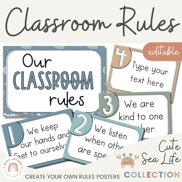 Classroom Rules Posters for Classroom Management | Cute Sea Life Decor | Editable