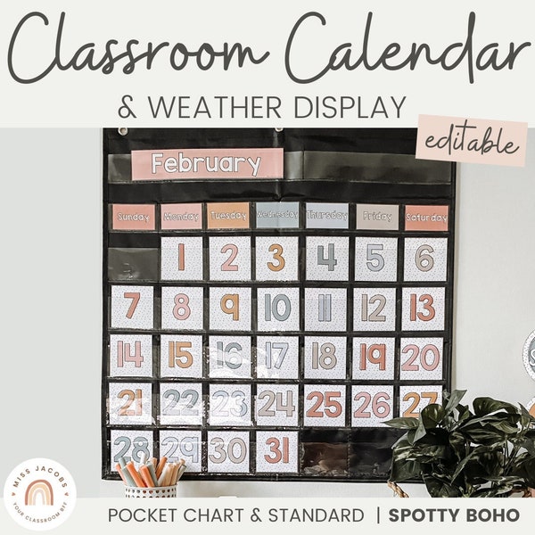 Classroom Calendar and Weather Display | SPOTTY BOHO Classroom Deccor | Editable