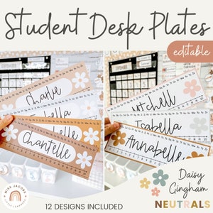 Student Desk Plates and Supply Labels | Daisy Gingham Neutrals Classroom Decor