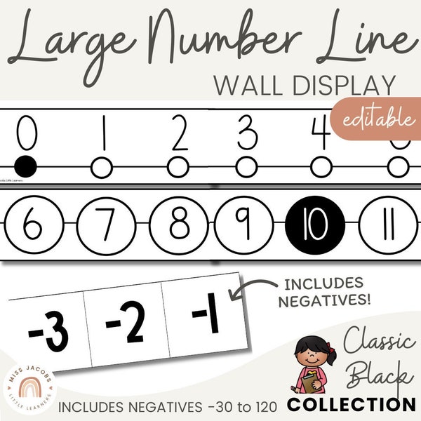 Classroom Number Line Display with Negatives | Black Basics Classroom Decor