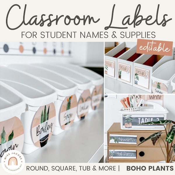 Modern Boho Plants Classroom Supply and Student Name Labels | Editable