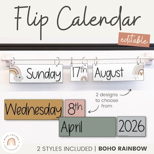 Flip Calendar | Boho Rainbow Neutral Themed Classroom Decor | Editable