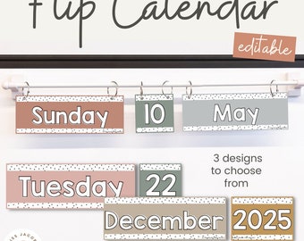 Flip Calendar | Spotty Boho Classroom Decor | Neutral Rainbow Themed | Editable