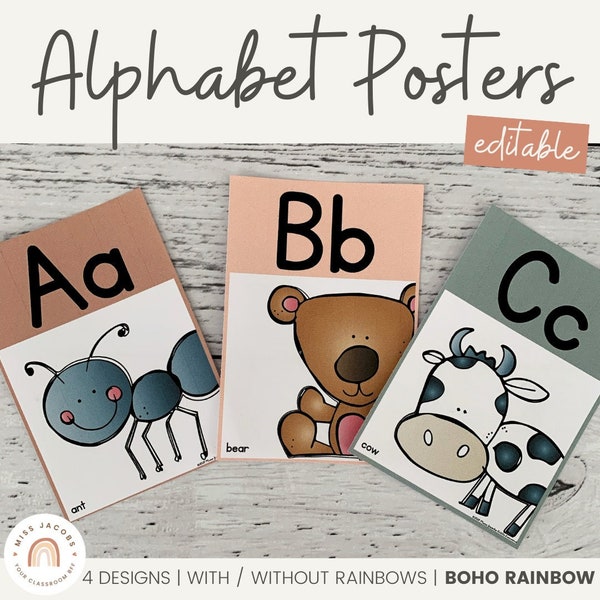 BOHO RAINBOW Alphabet Posters | Editable | Neutral Rainbow | Vintage | Retro Classroom Decor