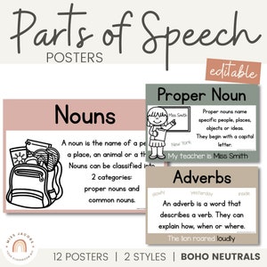 Pósteres neutros de partes del discurso / Paleta de colores boho / Decoración neutra para el aula